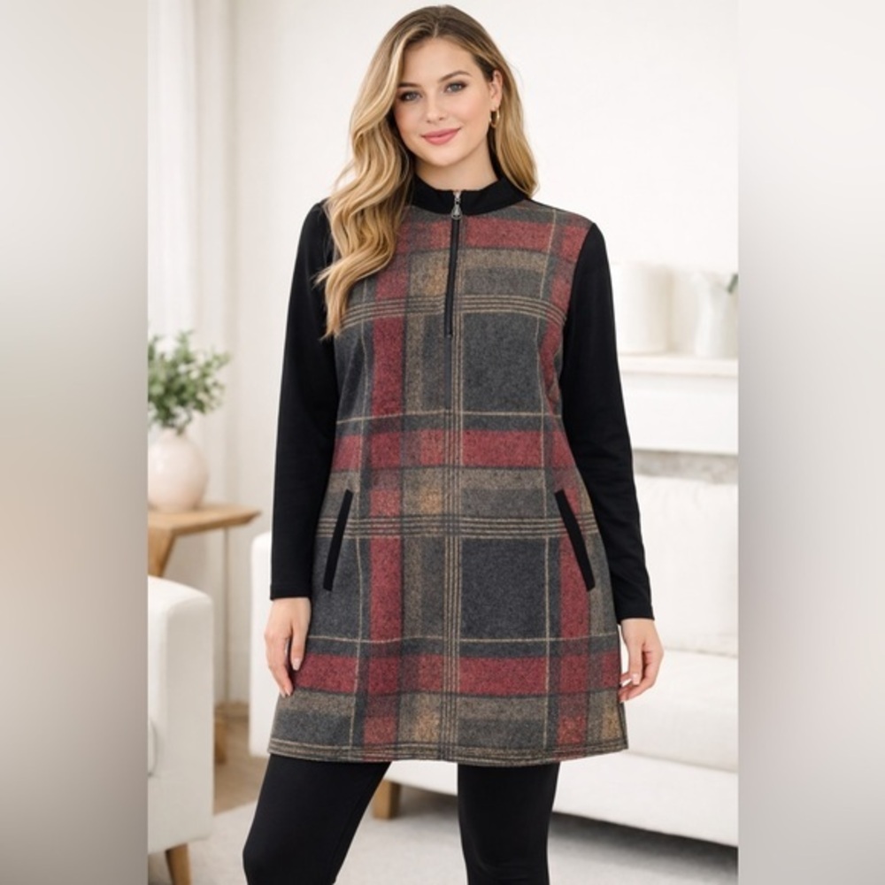 BNWOT Lavena Fashion Black Plaid Colorblock Long Sleeve Tunic Dress Cozy XXL